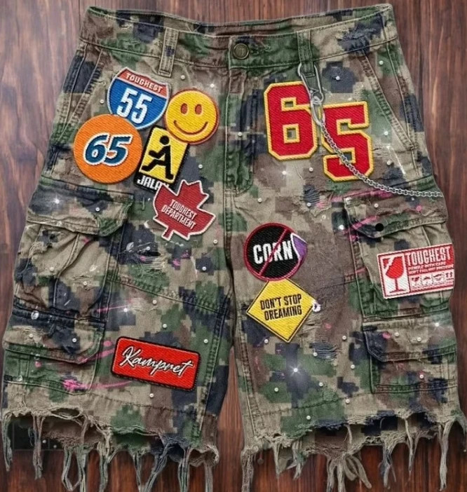 Retro Diamonds Patch Embroid Denim Shorts Goth Y2K Baggy Short Jeans Harajuku Cargo Pants Streetwear High Waist Wide Leg Shorts 251128