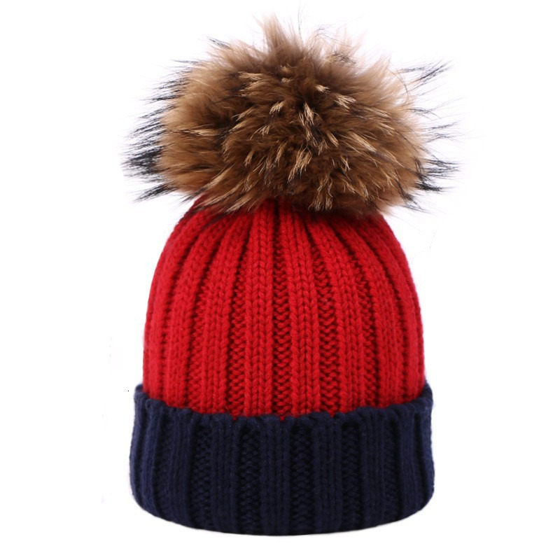 Knitted two-color woolen hat for autumn and winter warmth, rolled edge hat, Korean version two-color women's raccoon ball knitted hat