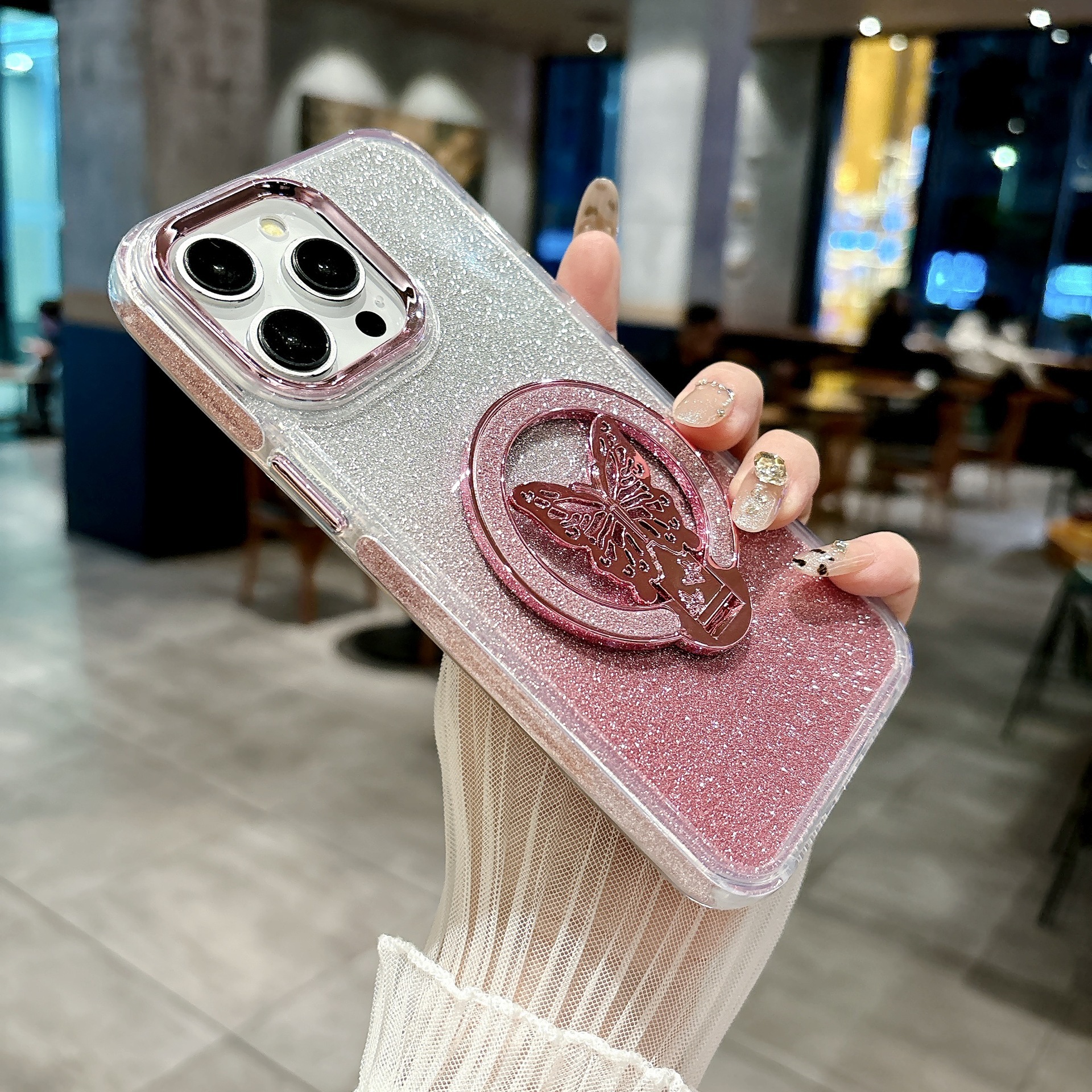 Frame Butterfly Stand Phone Case iPhone 16 Pro Max Compatible with Apple 15/14 Gradient Glitter Cardboard Case