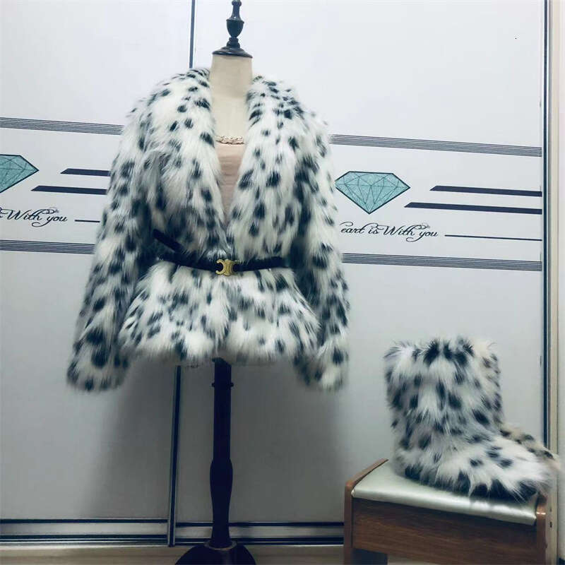 Mid-Length Long Sleeve Leopard Print Faux Fox Fur Women's Coat