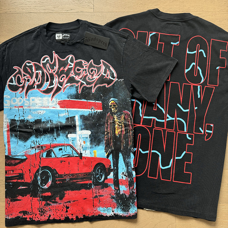 Statue Printed GOD SPEED Black Short Sleeve High Street Round Neck Pure Cotton Godspeed T-shirts