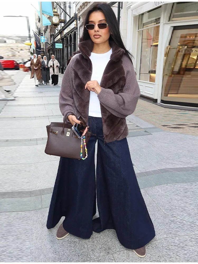 Medieval Knitted Faux Fur Jacket For Women Long Sleeve High Neck Warm Furry Coat Lady Autumn Winter Outwears 251128