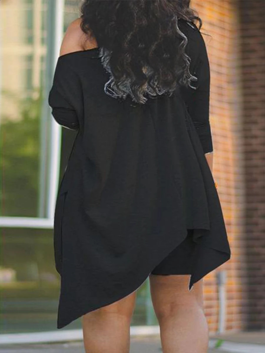 LW Plus size womens casual set 2-piece set Plus one shoulder asymmetrical hem top and shorts 2-piece set 250427