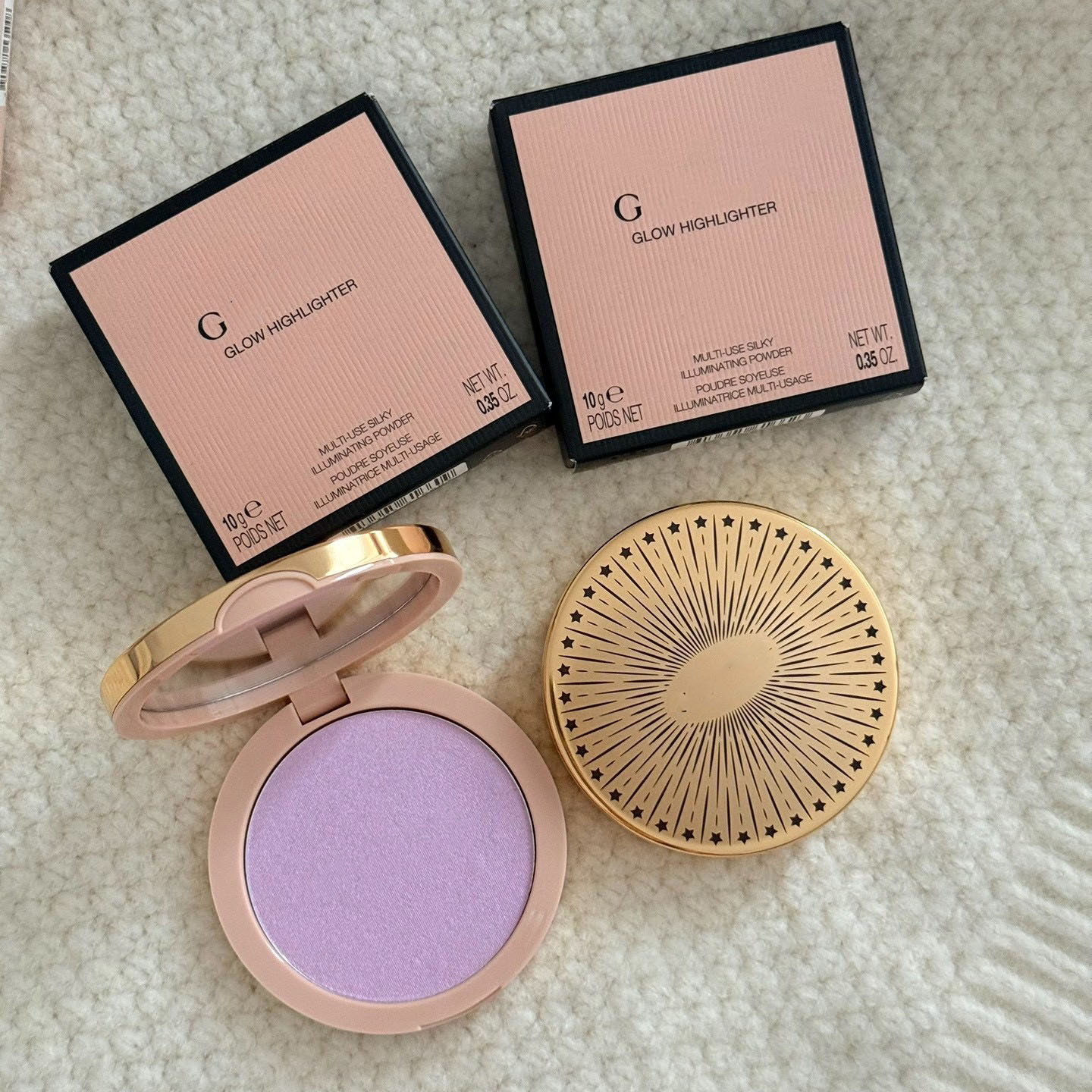 Brand Glow Highlighter Multi-use Silky Illuminating Powder 10g Poudre Soyeuse Illuminatrice Multi-usage Shades Sunrise Gold Frosted Lilac Warm Gold Shimmery
