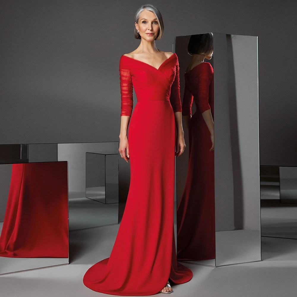 Elegant Red Mother of The Bride Dress 2026 V-neck 3/4 Sleeve Pleats Tulle Satin Wedding Mom Guest Party Gowns