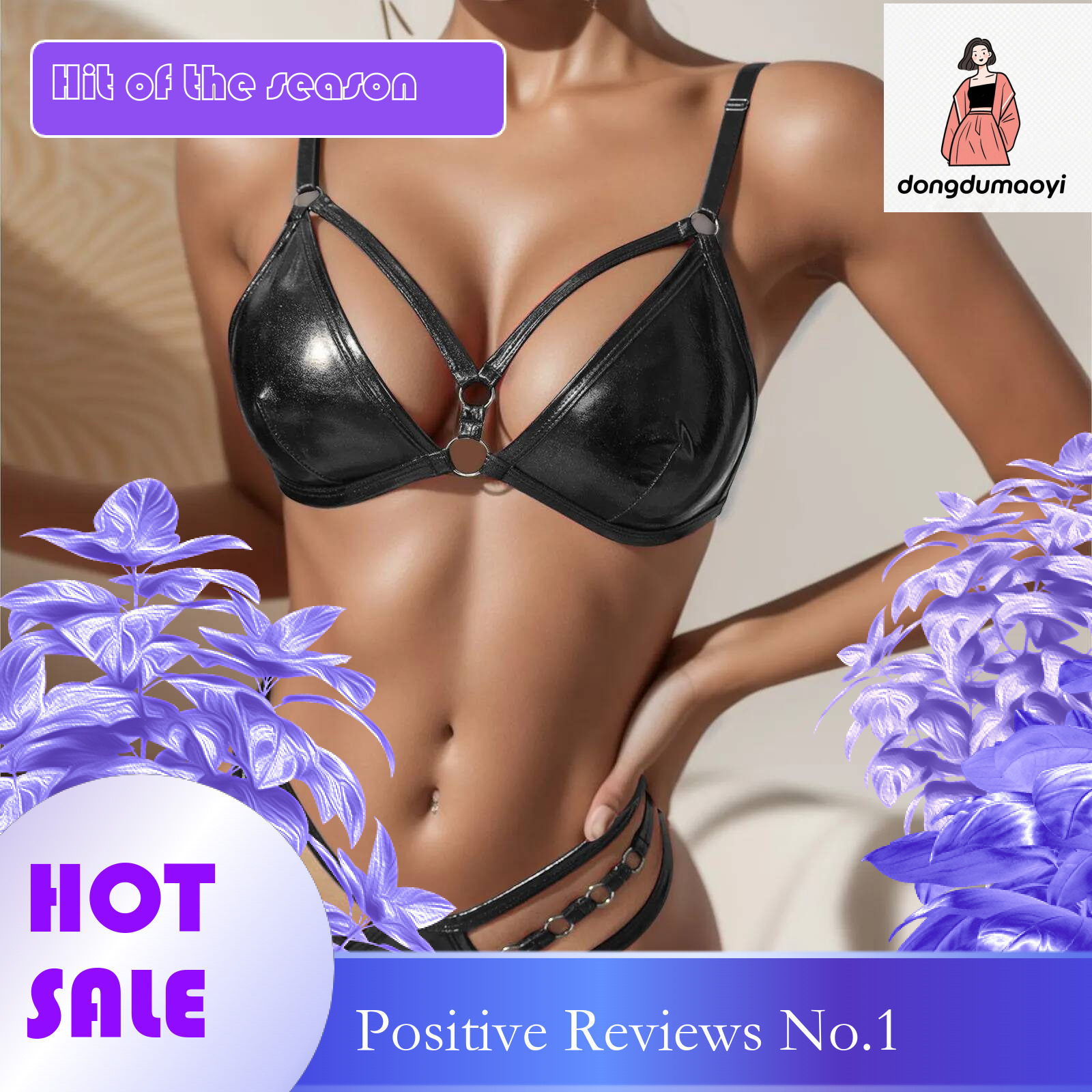 Dongdumaoyi Women Fashion Underwear Two Piece Set Sexy Patent Leather Steel Circle Lingerie Three Points Strap Hollow Out Panties Porno Suit Women S T