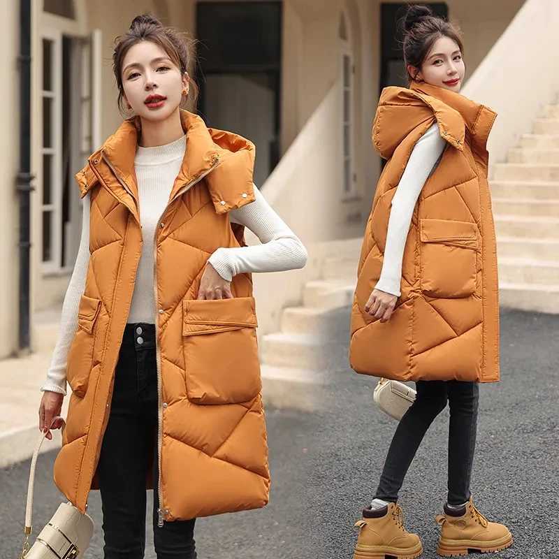 Winter Women Long Hooded Warm Vest Women Solid Detachable Hat Waistcoat Sleeveless Jacket Parka Coats Female Down Cotton VestsT251128