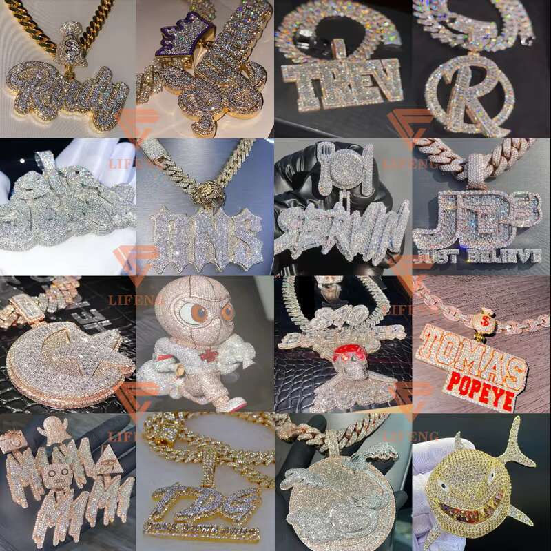 Hip Hop Charm Necklace Custom Letter Iced Out Pendant VVS Moissanite Diamond 925 Sterling Silver Pendant Fine Jewelry Set