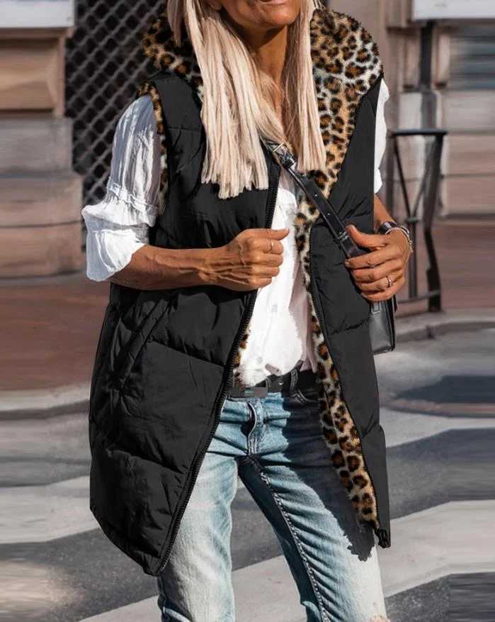 Womens Vest 2024 Autumn Reversible Leopard Pattern Vests Sleeveless Fleece Jacket Zip Up Hoodie Pockets Long Warm Winter CoatT251128