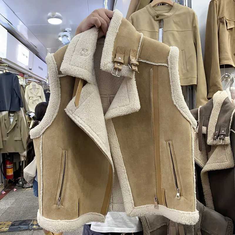 Elegant Women Thick Warm Zipper Vests Female Faux Leather Lambswool Patchwork Sleeveless Chic Casual Vest Outwear Autumn2025T251128