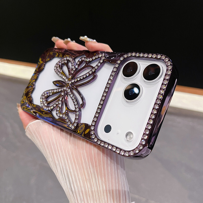 Hollow Large Butterfly Rhinestone Phone Case iPhone 17 Pro Max Compatible with 16/15 Pro Soft Luxury Electroplated Case New