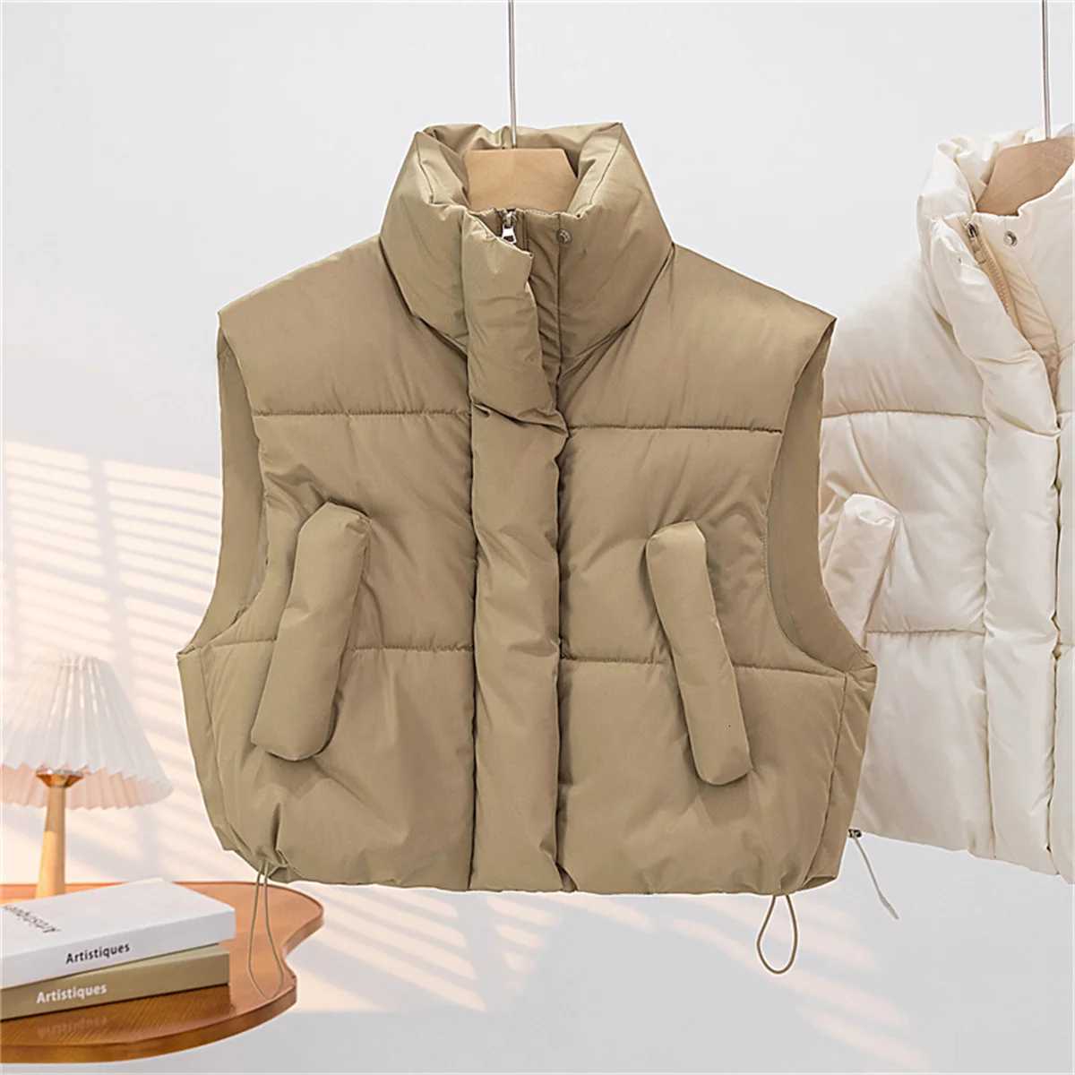 Autumn Winter Womens Short Cotton Down Vest Short Stand-up Collar Warm Sleeveless Quilted Vest Outdoor Jacket Tops OutwearT251128