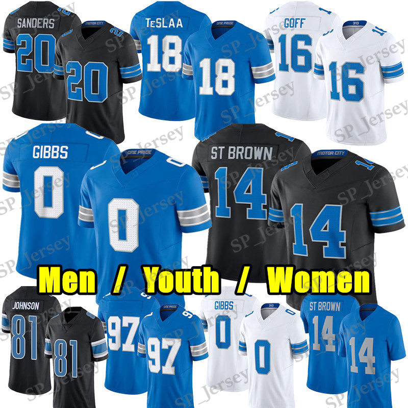 #0 Jahmyr Gibbs Football Jersey #16 Jared Goff Isaac TeSlaa Amon-Ra St Brown Jameson Williams Barry Sanders Johnson Sam LaPorta Terrion Arnold Tyleik Williams jerseys