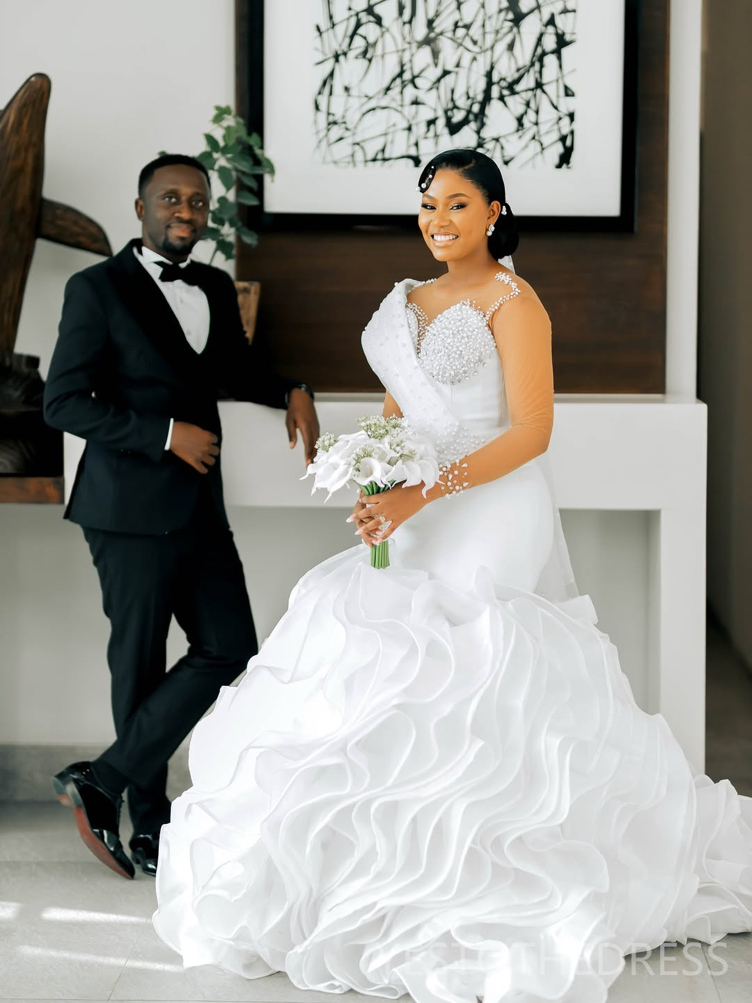 2026 Plus Size Wedding Dress For Bride Mermaid Wedding Gowns Illusion Sheer Neck Long Sleeves Pearls Tulle Tiers Organza Bridal Dresses For Black Afri