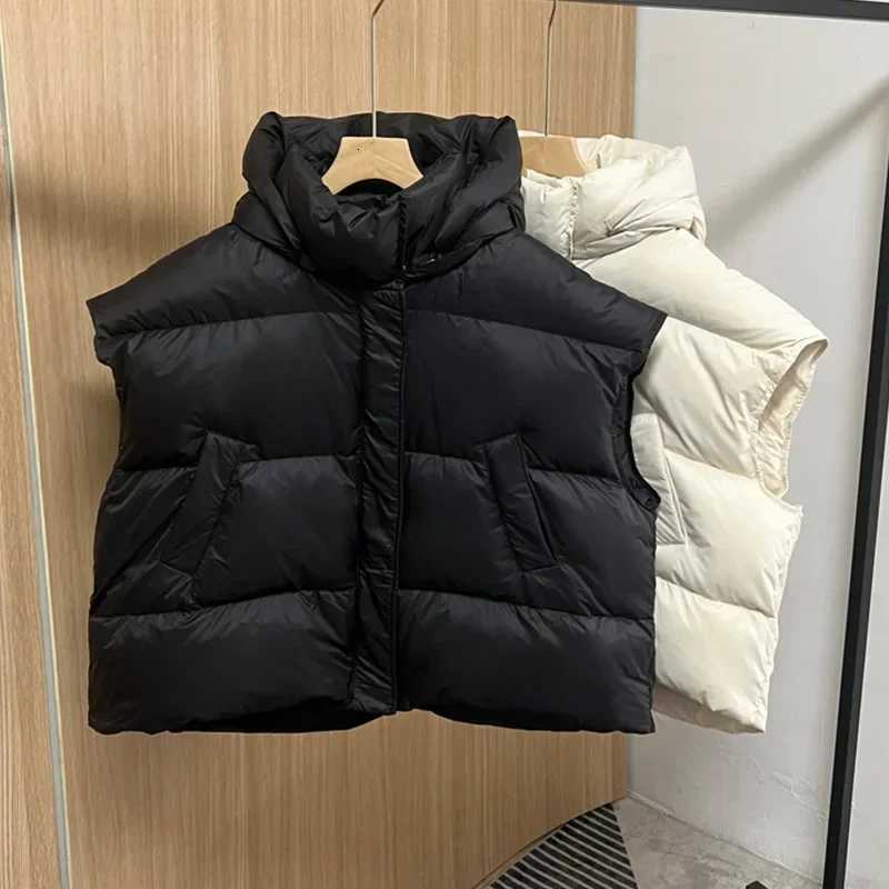 Down Jacket Autumn Loose Detachable Hat Hooded Puffer Jacket Women Sash Tie Up Casual Warm Thick Duck Down Coat Short WaistcoatT251128