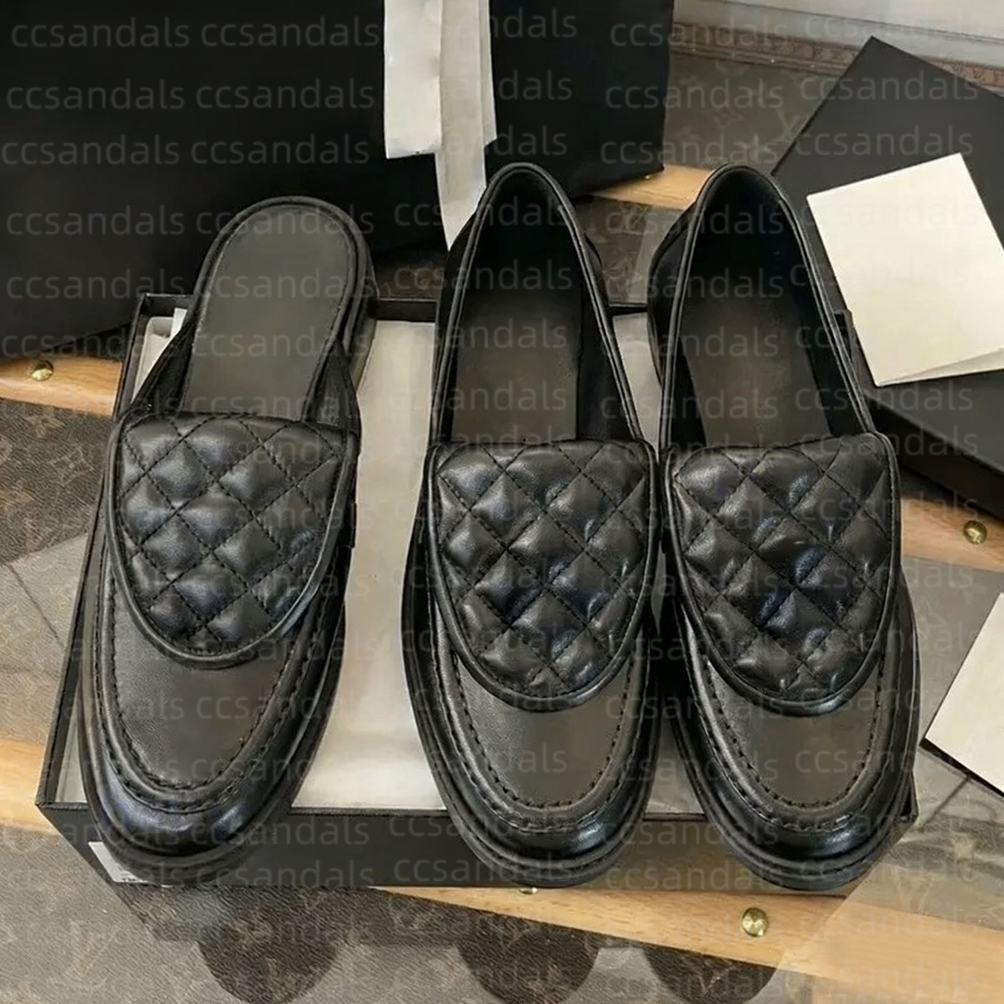 Designer dress shoes loafers Women thick soled quilted leather cover mule patent casual shoes metal buckle black flat shoes mule ox jin soft leather shoes eur 35-42