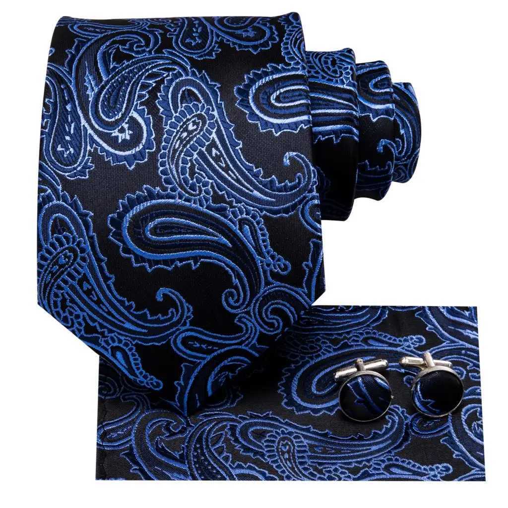 Hi-Tie Designer Black Blue Paisley 63inch Silk Men Tie 160cm Extra Long Ties for Men Woven Classic Men Necktie Pocket Square Set X251128