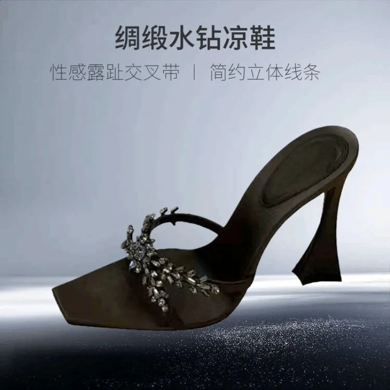 Summer Womens High Heel Sandals Fashion Cross Rhinestone Square Head Open Toe Sandals Silk Sexy Stiletto Shoes 250425