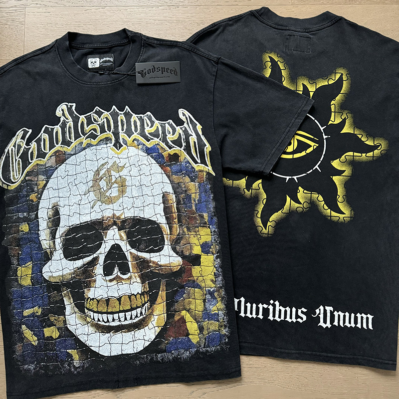 25 Real Photos High Quality Godspeed T-shirt Trendy Rock Street Retro Washed Couple Skeleton Print Cotton Short Sleeve Men Women
