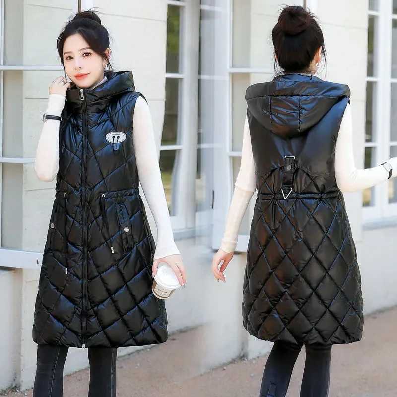 New Winter Sleeveless Jacket Coat Women Down Cotton Vest Hooded Long Autumn Female Solid Fashion Waistcoat Slim Outwear ZipperT251128