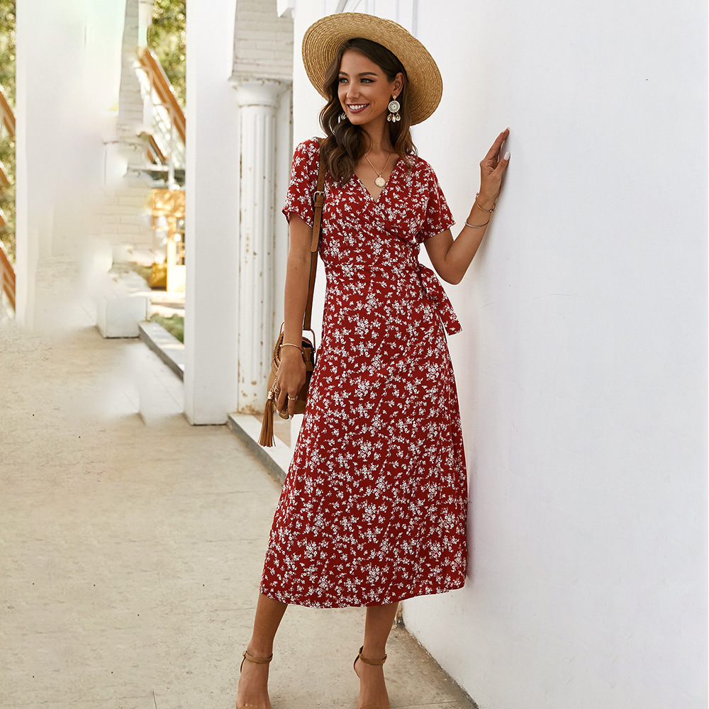 Casual Summer Dress V Neck Buttons Vintage Floral Printed Maxi Dresses Women High Waist Beach Holiday Dress Vestidos 210521