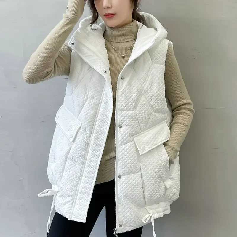 New Autumn Winter Womens Vest Jacket Fashion Down Cotton Vest All-match Hooded Sleeveless Loose Female Waistcoat Outwear TopsT251128