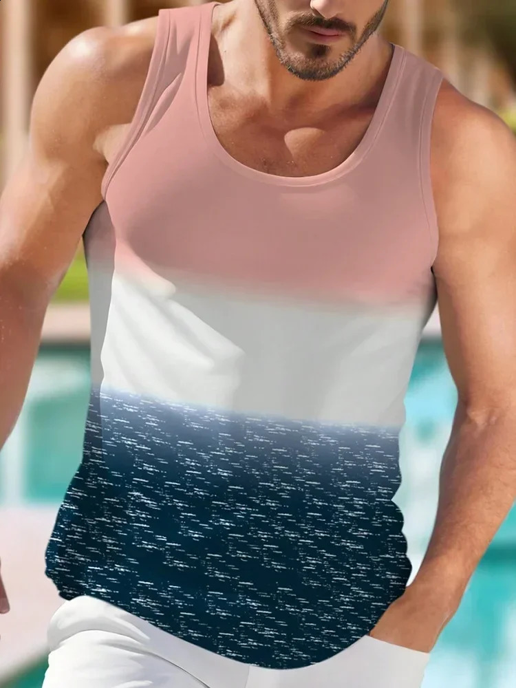 Mens Tank Tops Fashion 3D Gradient Print Sleeveless T-Shirts Casual O-neck Sports Pullover Summer Gym Tees Man Sleeveless Shirt 250428