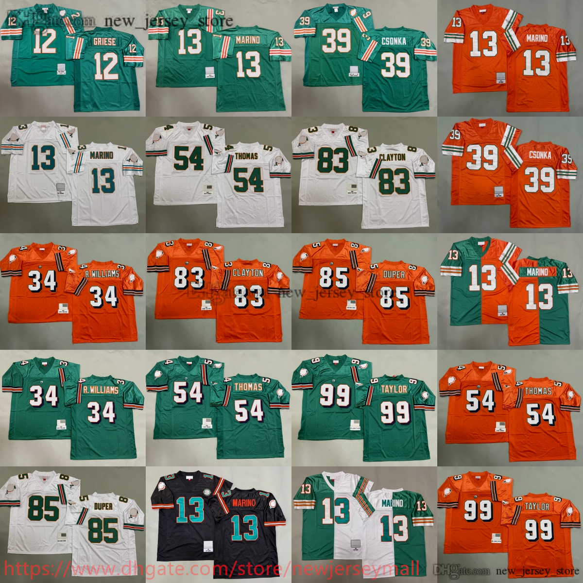 1984 Throwback Football 13 Dan Marino Jersey Classic 34 Ricky Williams 39 Larry Csonka 54 Zach Thomas 83 Mark Clayton 85 Mark Duper 12 Bob Griese 99 Jason Taylor Jerseys