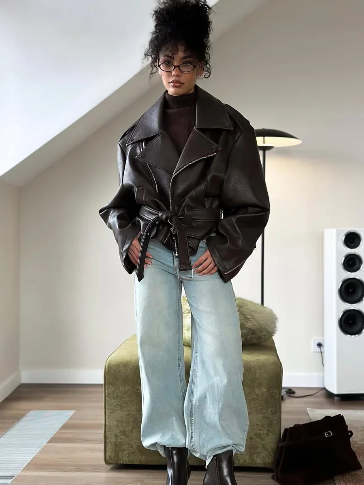 Casual Dark Red Zipper Leather Short Jacket Long Sleeve Lace Up Lapel Loose Button Coat Lady Daily High Street Wear 2025 251126