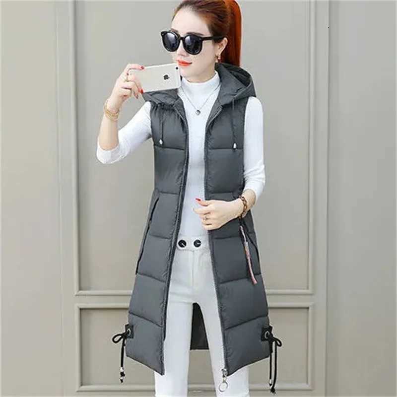 2023 New Autumn Winter Women Long Parkas Vest Warm Hooded Down Coat Parka Ladies Sleeveless Waistcoat Jacket OutwearT251128