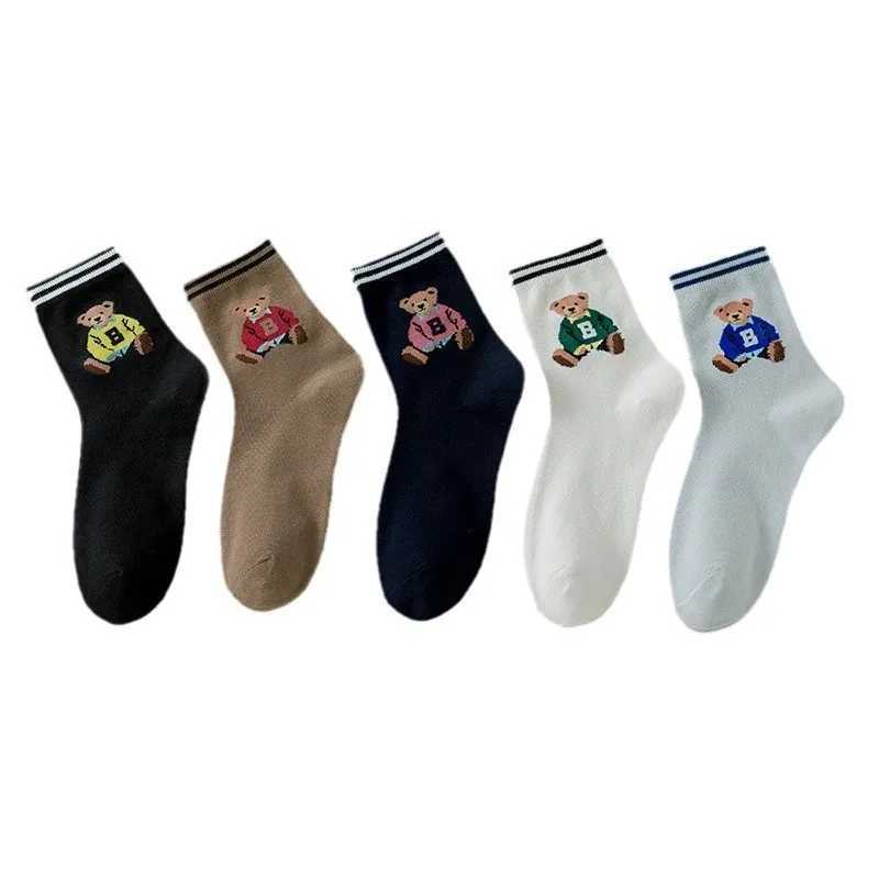5 Pairs Womens Socks Fall Trend Striped Letter Bear Cartoon Harajuku Cute Kawaii Middle Tube Socks Casual Comfortable Warm J251128