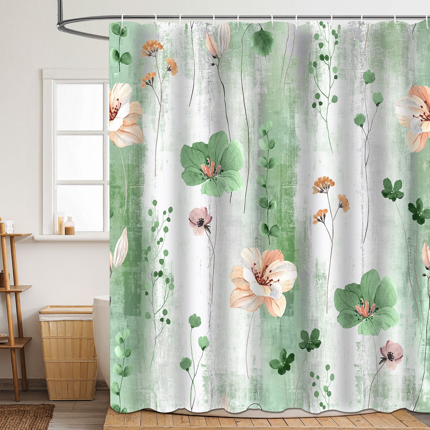 YL-37832 Floral and Leaf Polyester 3D Digital Printed Shower Curtain, Waterproof and Mildew-proof Shower Bathroom Partition Curtain