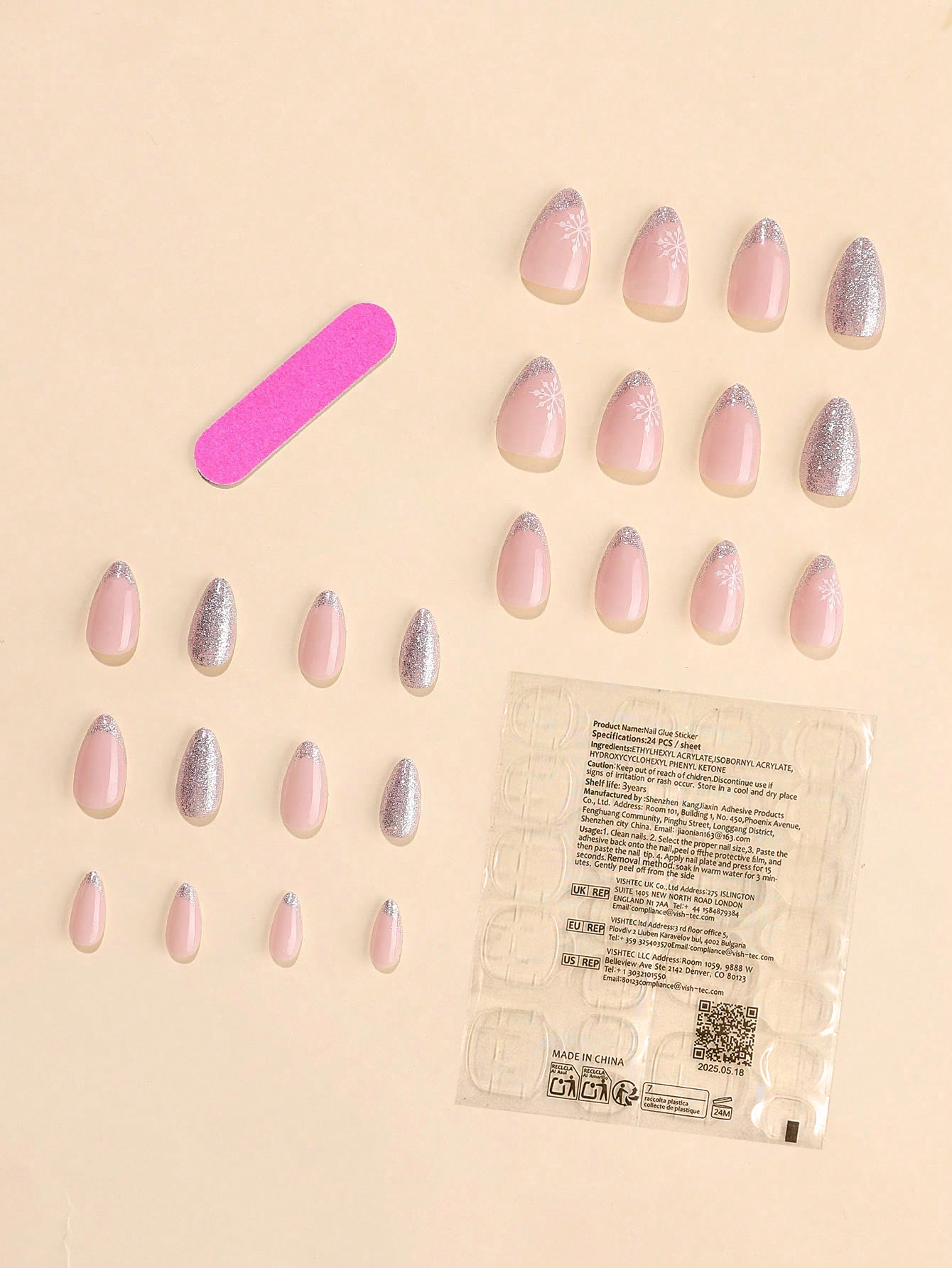 24 pieces Fake nails press-on Christmas sweet style silver glitter French manicure snowflake, pink nails, suitable for girls and women for dates, gift