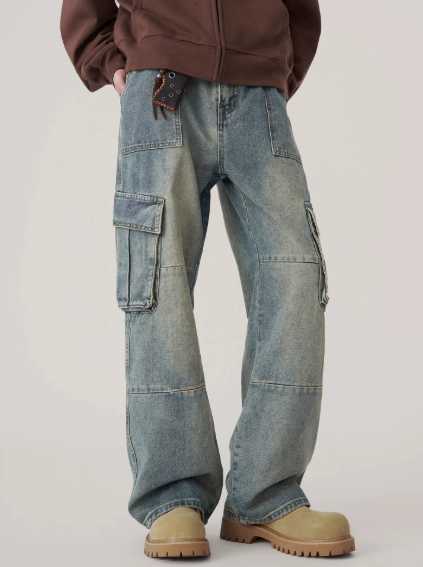Mens Baggy Denim Cargo Pants Multi-Pocket Wide-Leg Jeans Vintage Washed Loose Fit Strtwear StyleC250528