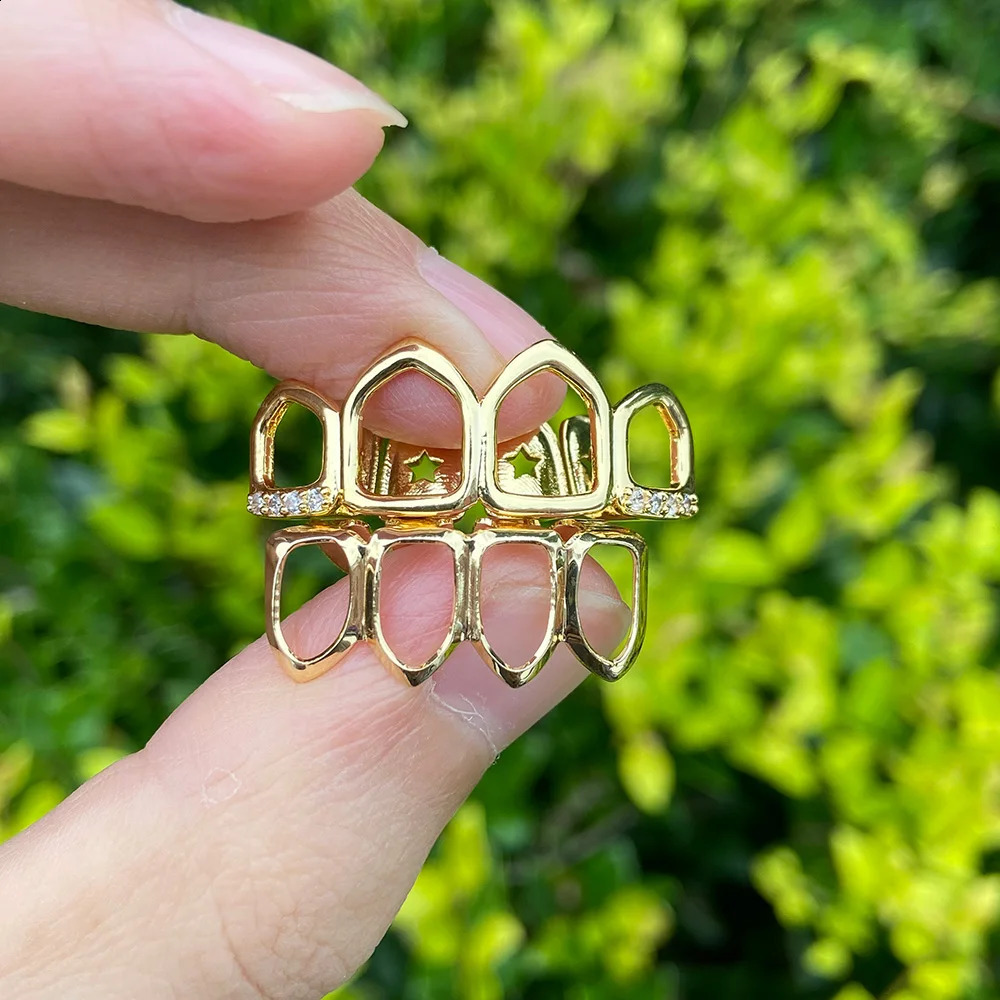 RACHELZ Hip Hop 4/4 Hollow Zircon Teeth Grillz For Women Men 14K Gold Plated CZ Stone Tooth Caps Body Jewelry 250427