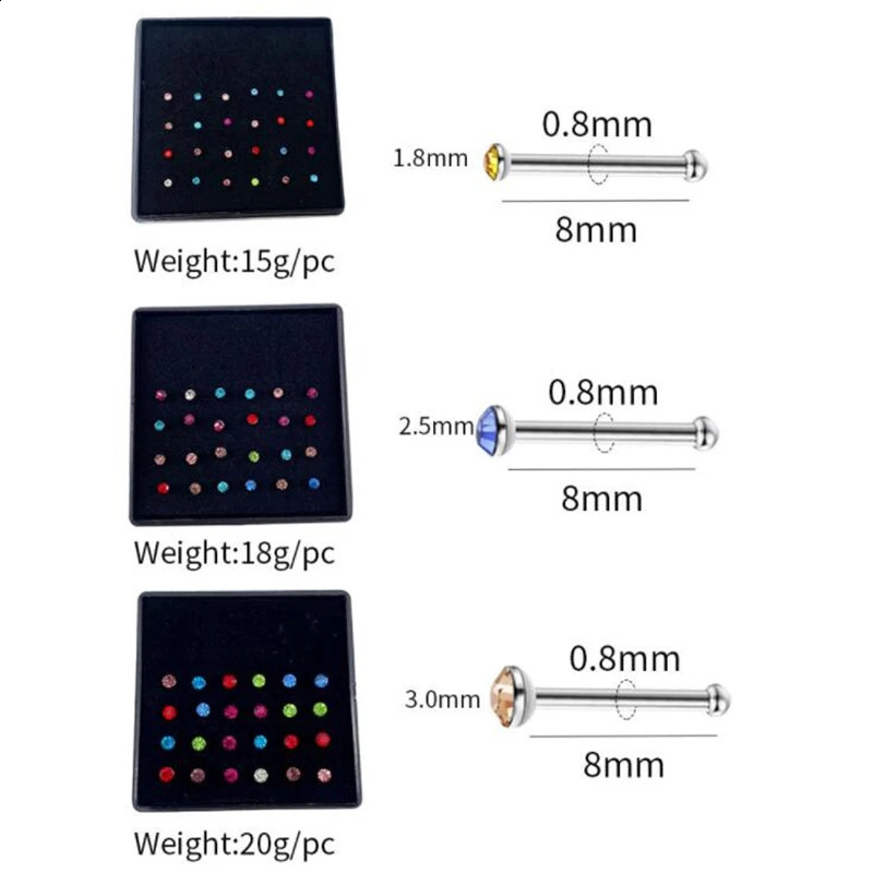 1Set 24pcs 1.8/2.5/3mm Steel Nose Rings Kit Hypoallergenic Studs Crystal Body Piercing Jewelry Accesories For Women Men 250427