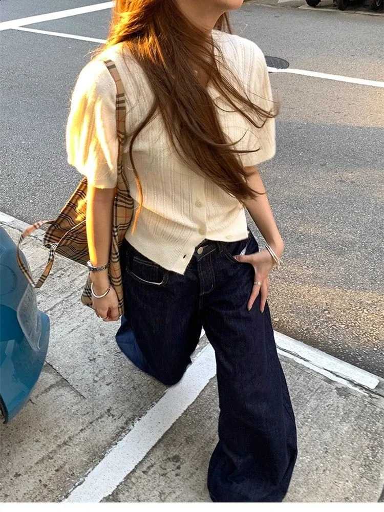 Womens Deep Blue Loose Wide Leg Jeans Street Cool Girls High Waist Pocket Pants Womens Casual Straight Denim Trousers 250422