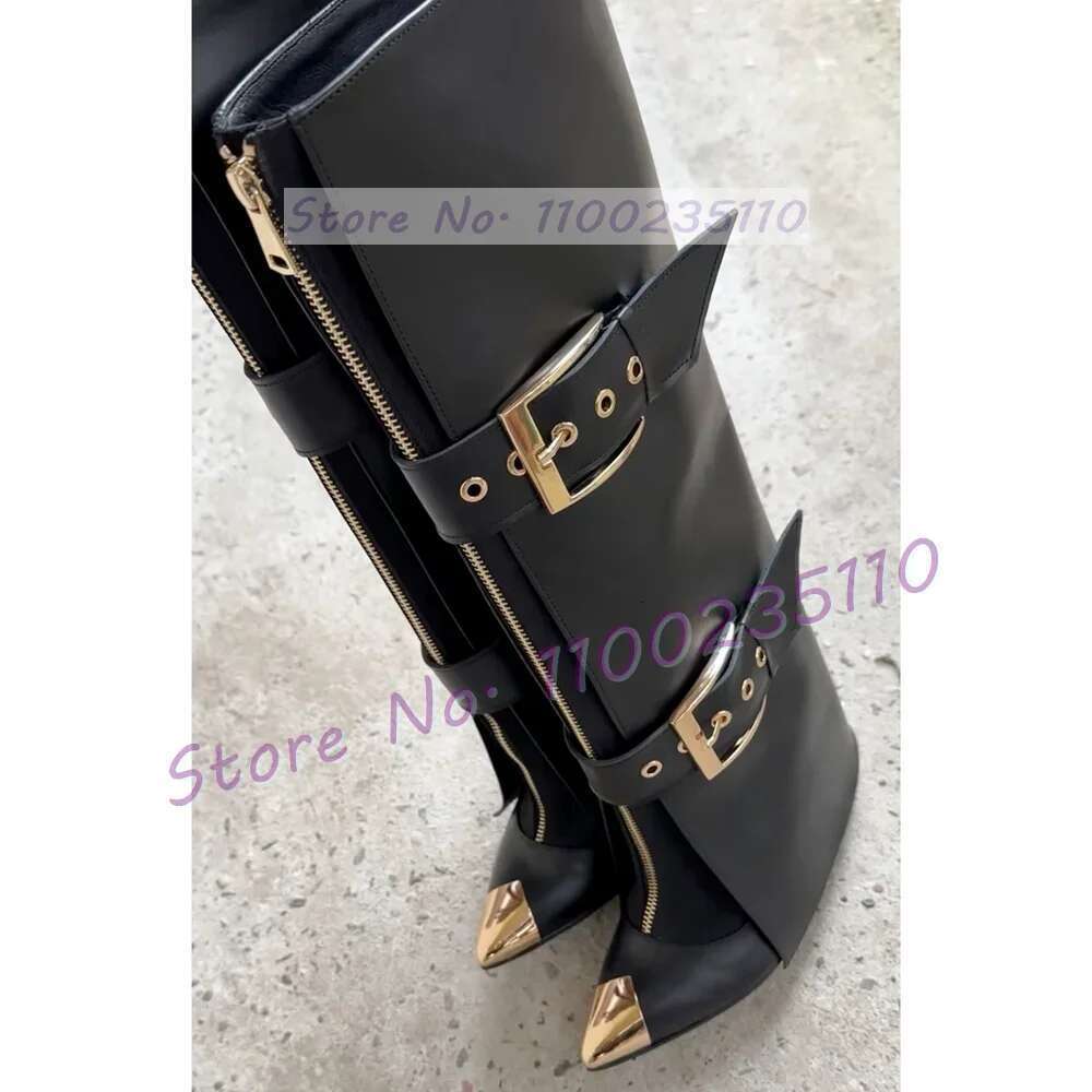 Belt Buckle Strap Fold Over Women Fashion Gold Pointed Toe Thin High Heel Dress Shoes Ladies Stylish Cool Front-zip Boots