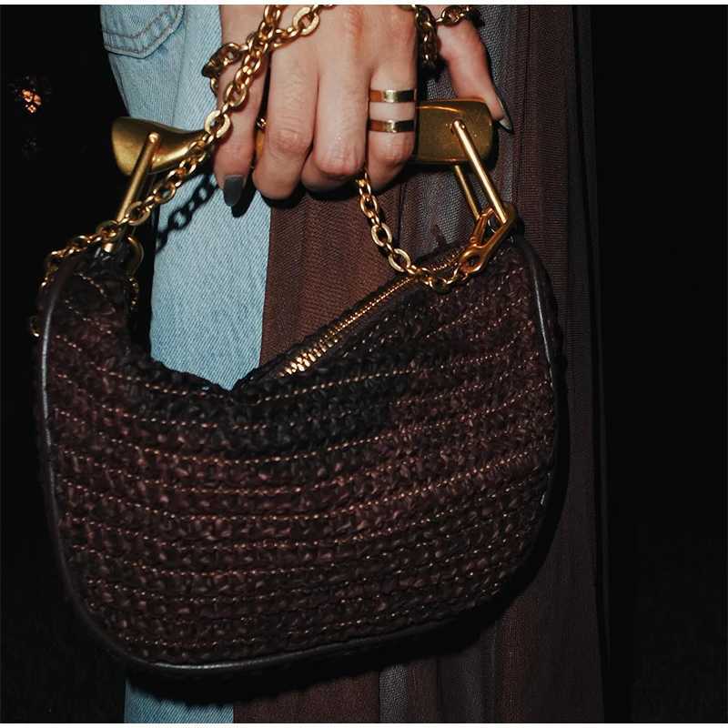 Gold Handle Brand Handwoven Handbag Exquisite High-end Leather Bow Design Purse Brown Zipper Casual Fashion Luxury Shoulder Bag K251128