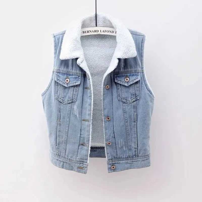 Deep Blue Lambhair Plush Thicken Denim Vest Women Autumn Winter Large Size Short Jeans Coat Sleeveless Jacket Warm Waistcoat 5XLT251128