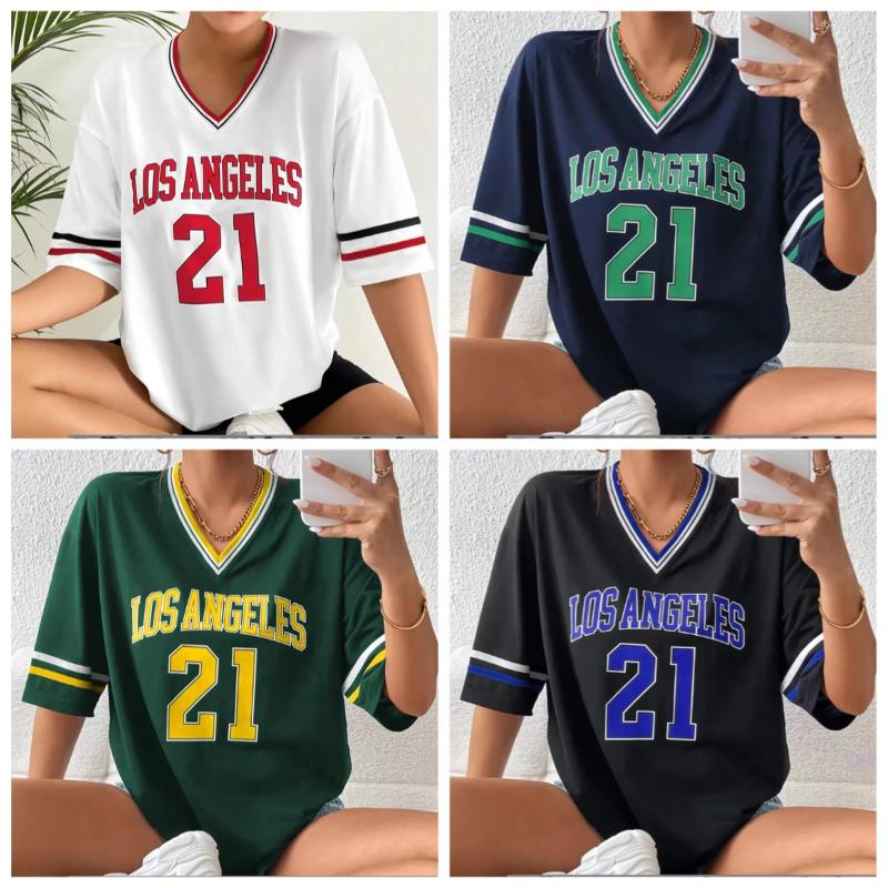 Women's T-shirt LOSANGELES 21 Pajamas T-Shirt Women Summer Oversized V-neck Tee Harajuku Trend Short Sleeve Female Streetwear Womens Tops