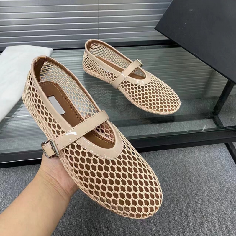 Designer Women's Ballet Shoes Summer New Fashionable Leather Mesh Breathable Flat Top High Quality Boat Shoes Lace Single Lace Box