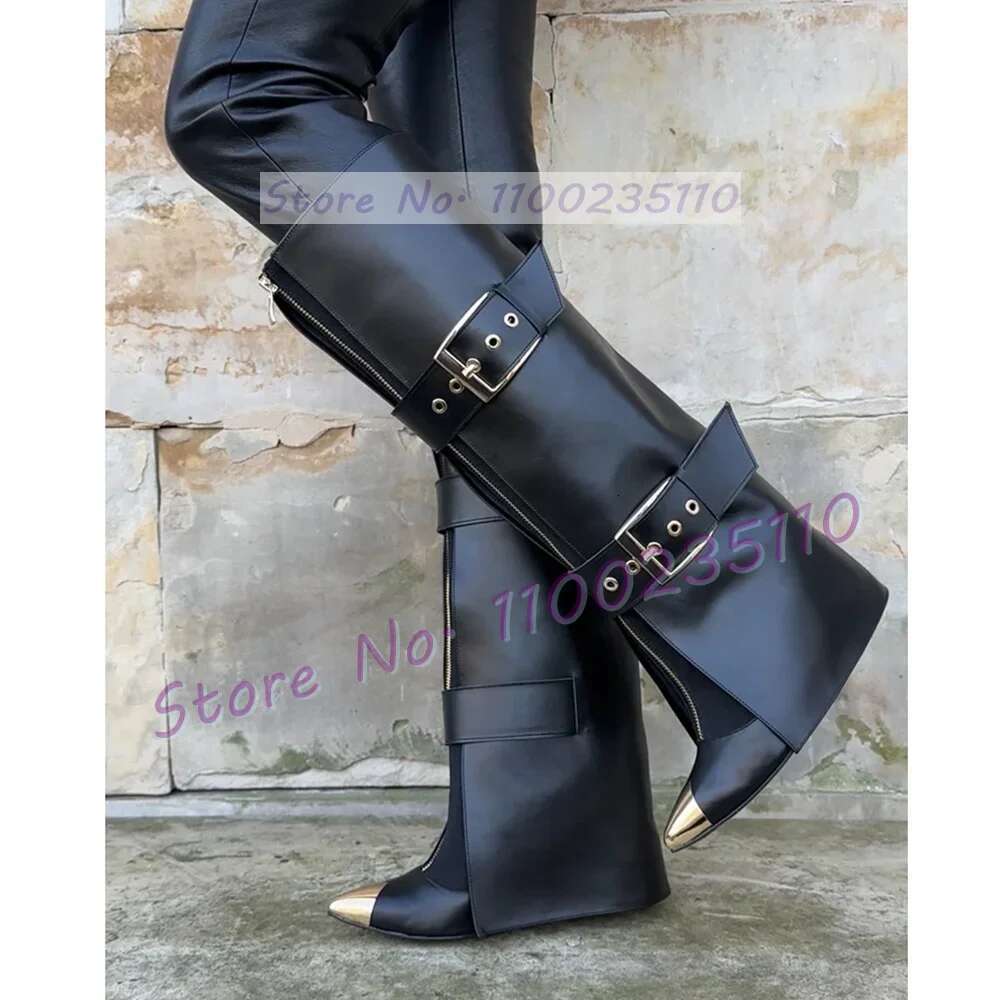 Belt Buckle Strap Fold Over Women Fashion Gold Pointed Toe Thin High Heel Dress Shoes Ladies Stylish Cool Front-zip Boots