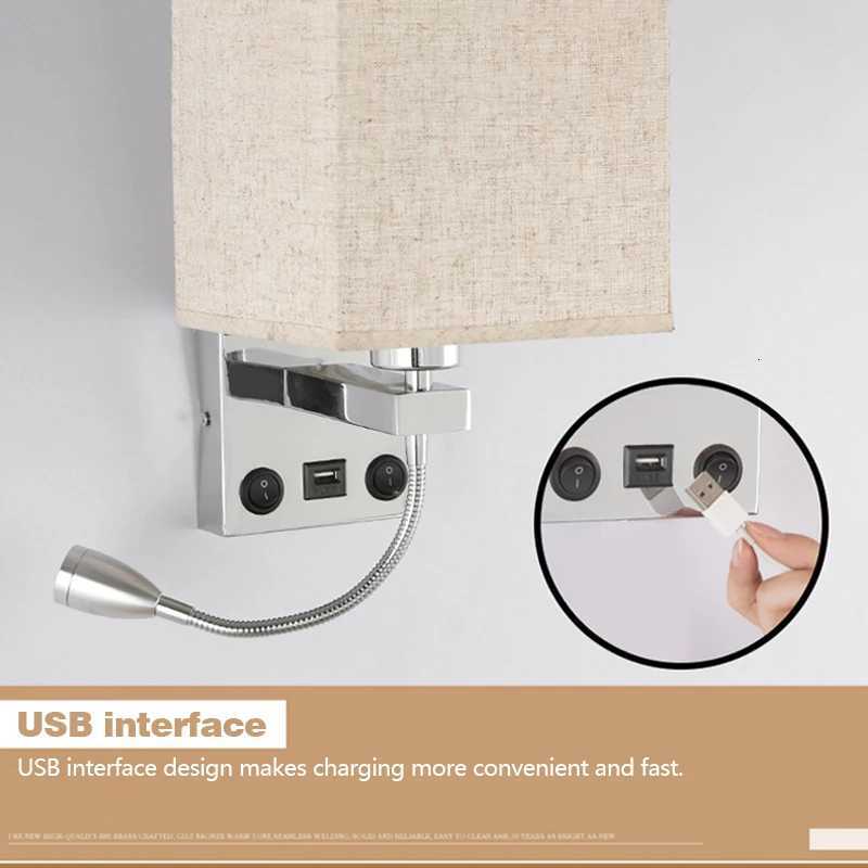 Modern LED Wall Lamps with Switch USB Reading Lights Fabric Art Retro Home Light Study Bedroom Hotel Bedside Wall Light M251128