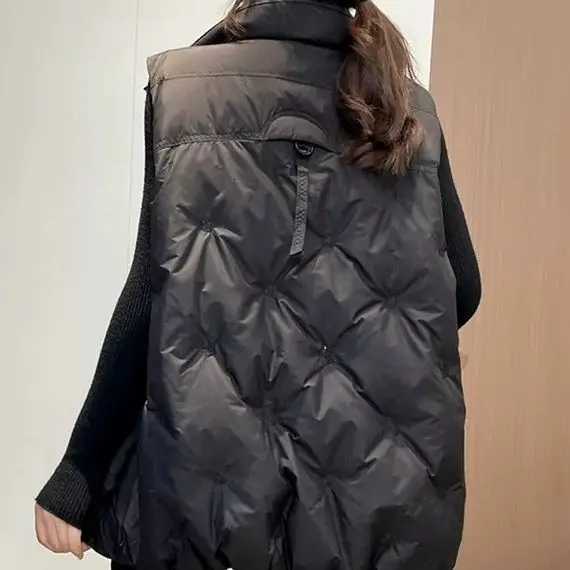 2025 Autumn Winter Women Solid Loose Vest Drawstring Stand Collar Short Jacket Cotton Padded Warm Waistcoat J21T251128