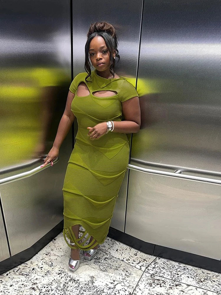 Womens green tight corset short sleeved summer sexy elegant party dress womens hollow thin knitted dress 250423