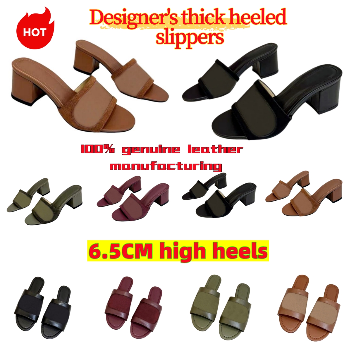 Designer Women's Genuine Leather Slippers Summer New Fashionable Slideshow High Heel Sandals Sexy Coarse Heel Banquet Shoes High Quality Cowhide Lace Box