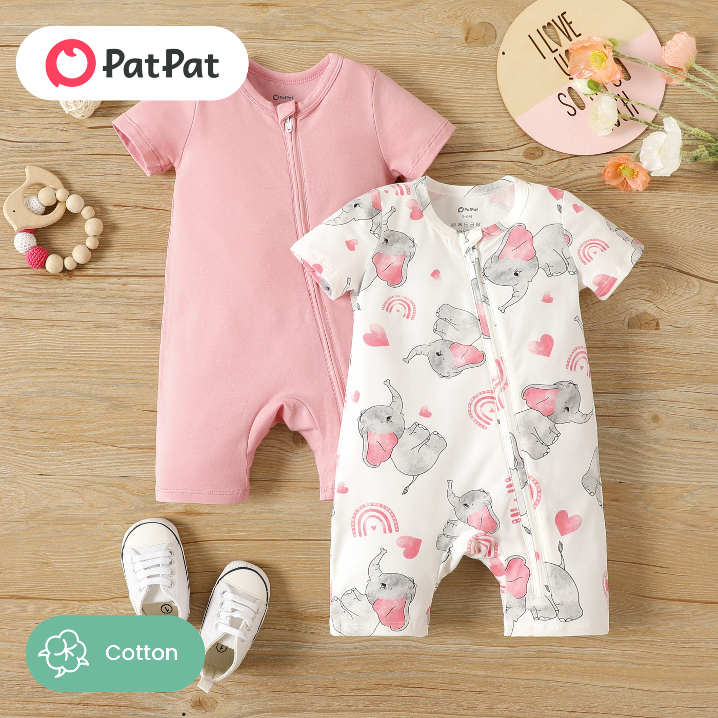 PatPat 2-Pack Baby Girl Cotton Elephant Print/Pink Zipper Design Short-sleeve Rompers