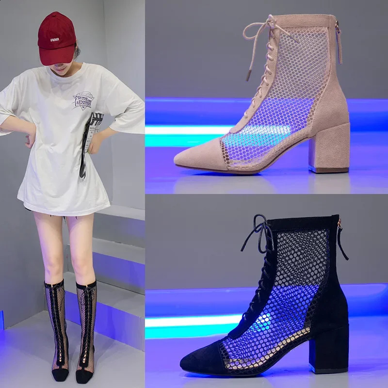 Knee High Boots for Women Summer Chunky Heel Breathable Shoes Ladies High Hollow Roman Mesh Boots Chelsea Boots250418bj