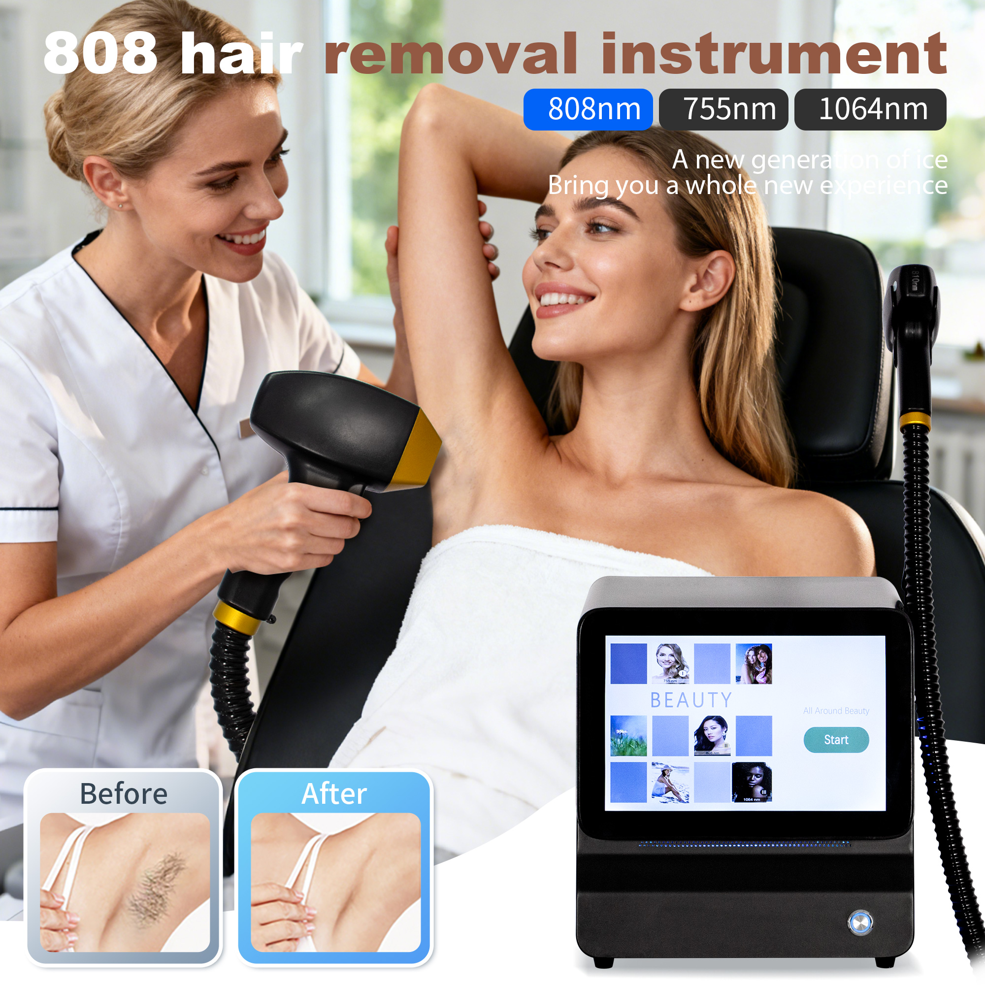 Triple Wavelength Diode Laser Hair Removal Equipment 755 808 1064 Ice Painless Technology Permanent Hair Removal Solution For Beauty Salon and Home Se